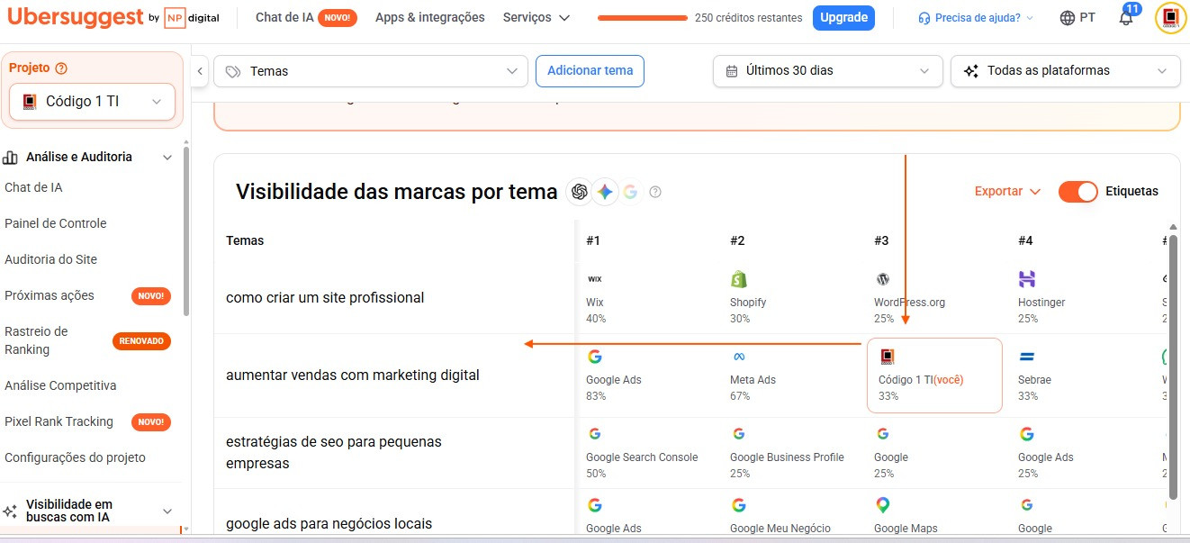 Visibilidade da marca por tema nas menções de IA